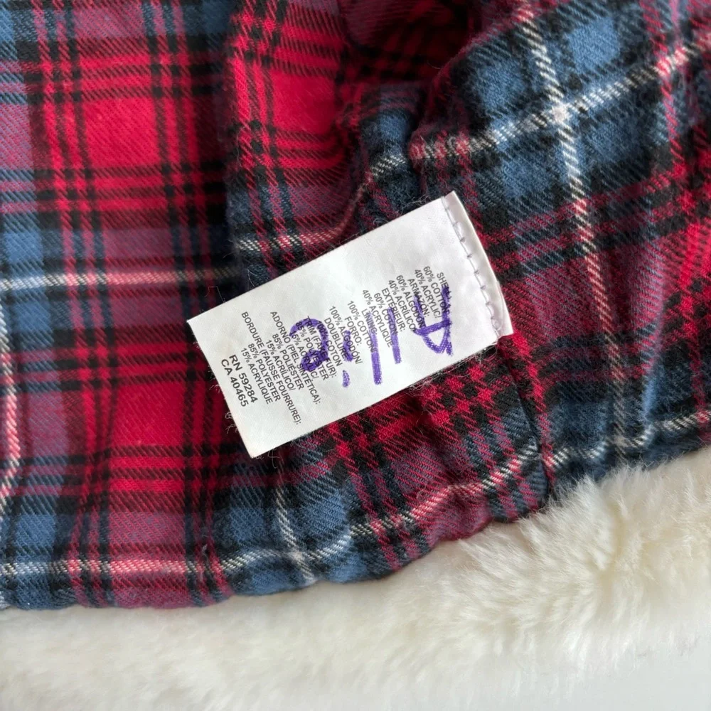Children’s Place Girls Red Plaid Knit Cropped Jacket Faux Fur Hooded Coat 4T XS